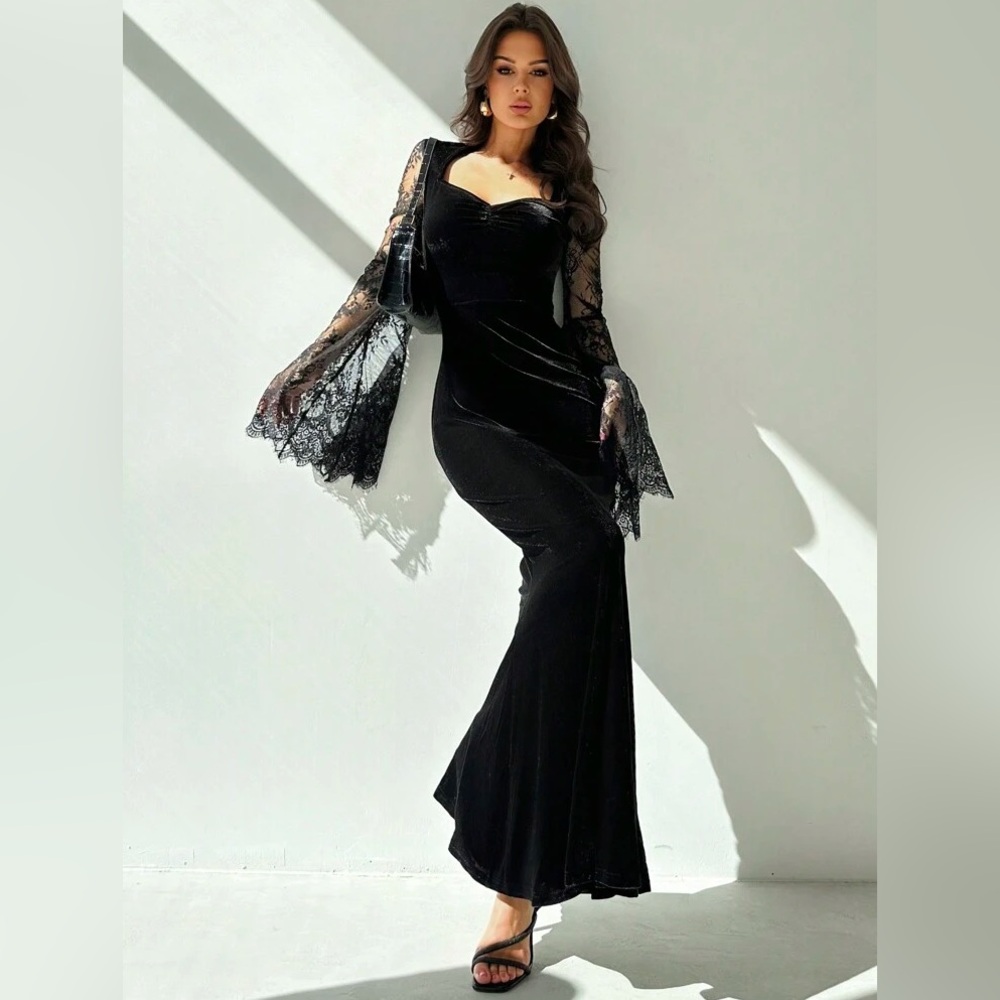 Brand New Velvet Lace Bell Sleeve Dress - Morticia Addams